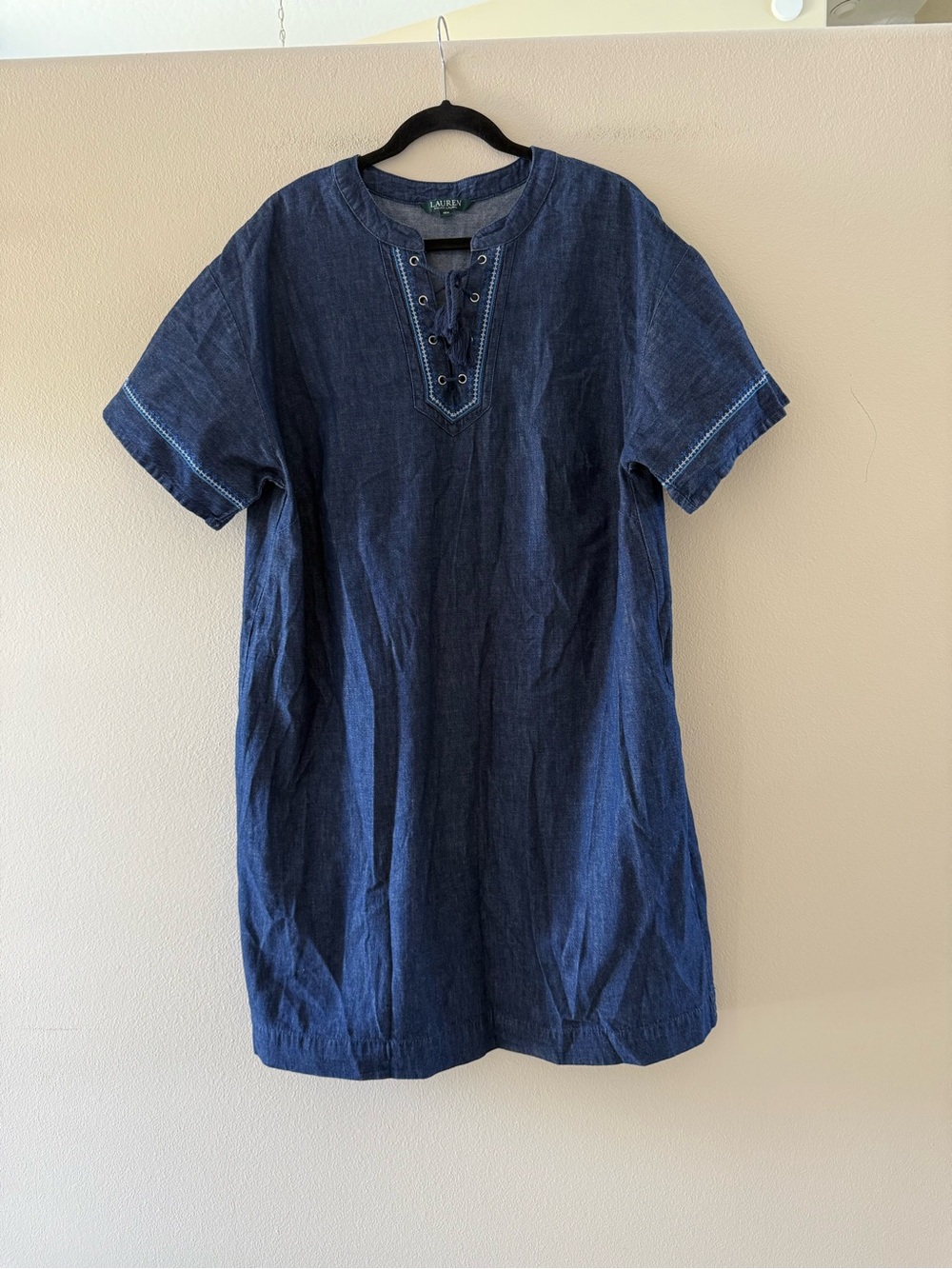 Ralph Lauren Indigo Denim Midi Dress with Lace-Up Neck Pockets